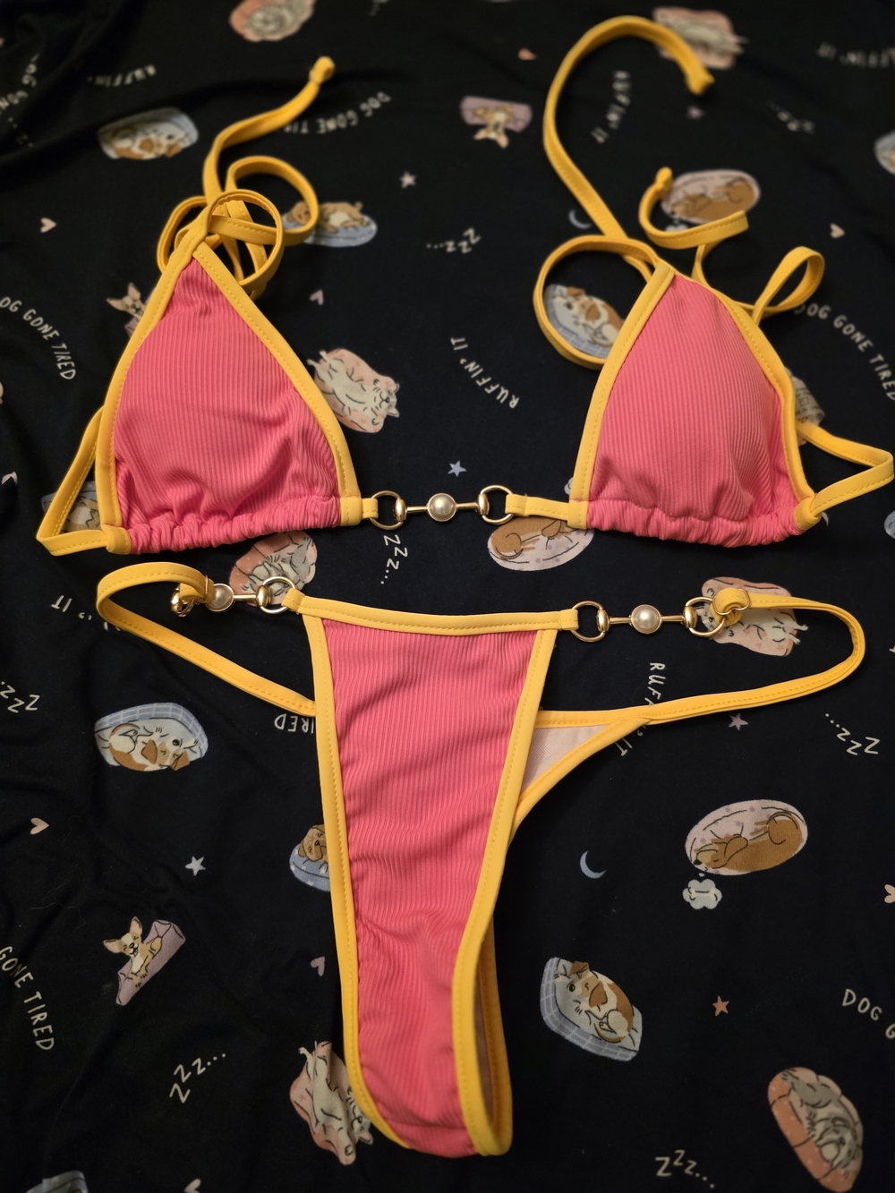 Pink and Yellow Ribbed Triangle Bikini Set - Women